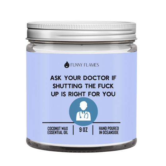 Jar of coconut wax essential oil with humorous label, brand 'Funy 
Flames visible.